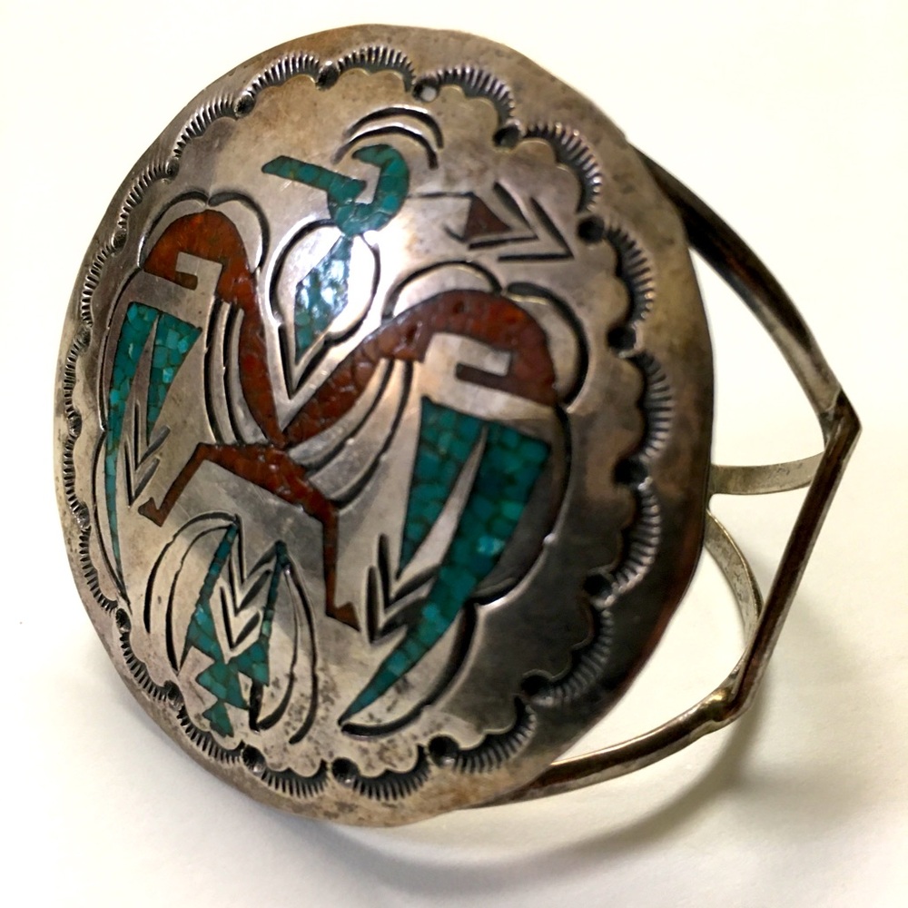 Vintage Turquoise & Coral Chip Inlay Thunderbird Shield Sterling Silver …